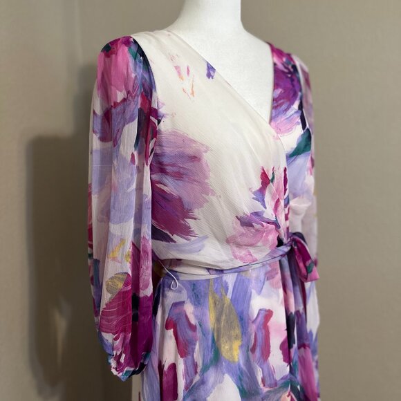 DKNY Women's Floral-Print Balloon-Sleeve Tie-Waist V-Neck Dress Size 12 - Picture 1 of 10